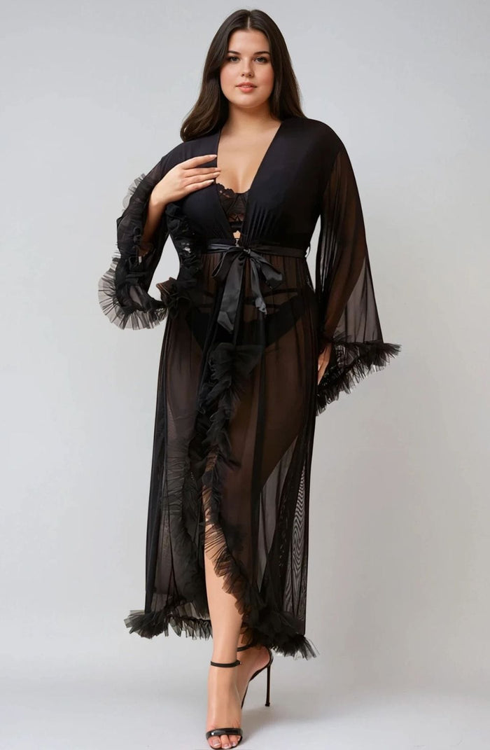 Linsori Noir Sheer Ruffled Evening Robe - detail view