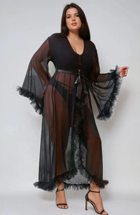 Linsori Noir Sheer Ruffled Evening Robe - styled view