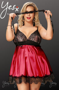 Linsori Crimson Satin Babydoll with Blindfold - back view
