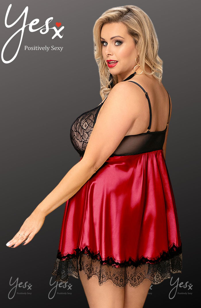 Linsori Crimson Satin Babydoll with Blindfold - detail view