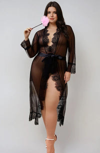 Linsori Noir Sheer Floral Lace Robe - detail view