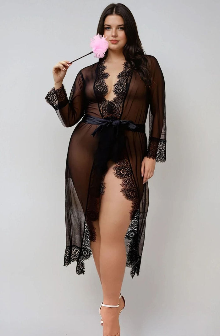 Linsori Noir Sheer Floral Lace Robe - detail view