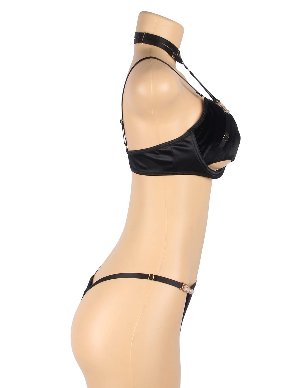 Linsori Noir Velvet Halter Bra Set - side view